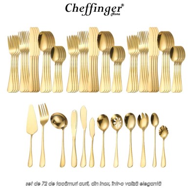 Cheffinger Home 7200 - set de 72 de tacâmuri aurii, din inox, într-o valiză elegantă Cheffinger Home 7200 - set de 72 de tacâmuri aurii, din inox, într-o valiză elegantă