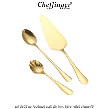 Cheffinger Home 7200 - set de 72 de tacâmuri aurii, din inox, într-o valiză elegantă Cheffinger Home 7200 - set de 72 de tacâmuri aurii, din inox, într-o valiză elegantă