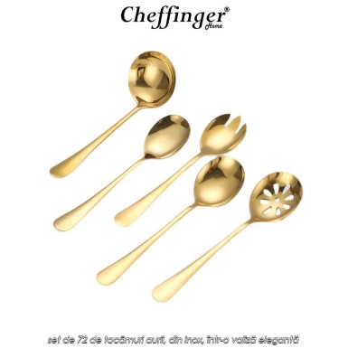Cheffinger Home 7200 - set de 72 de tacâmuri aurii, din inox, într-o valiză elegantă Cheffinger Home 7200 - set de 72 de tacâmuri aurii, din inox, într-o valiză elegantă