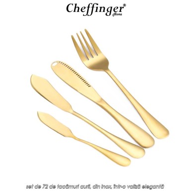 Cheffinger Home 7200 - set de 72 de tacâmuri aurii, din inox, într-o valiză elegantă Cheffinger Home 7200 - set de 72 de tacâmuri aurii, din inox, într-o valiză elegantă