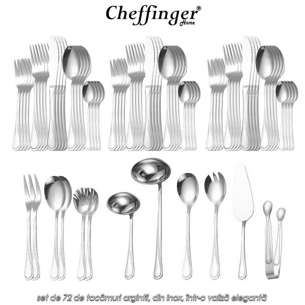 Cheffinger Home 7201- set de 72 de tacâmuri argintii, din inox, într-o valiză elegantă