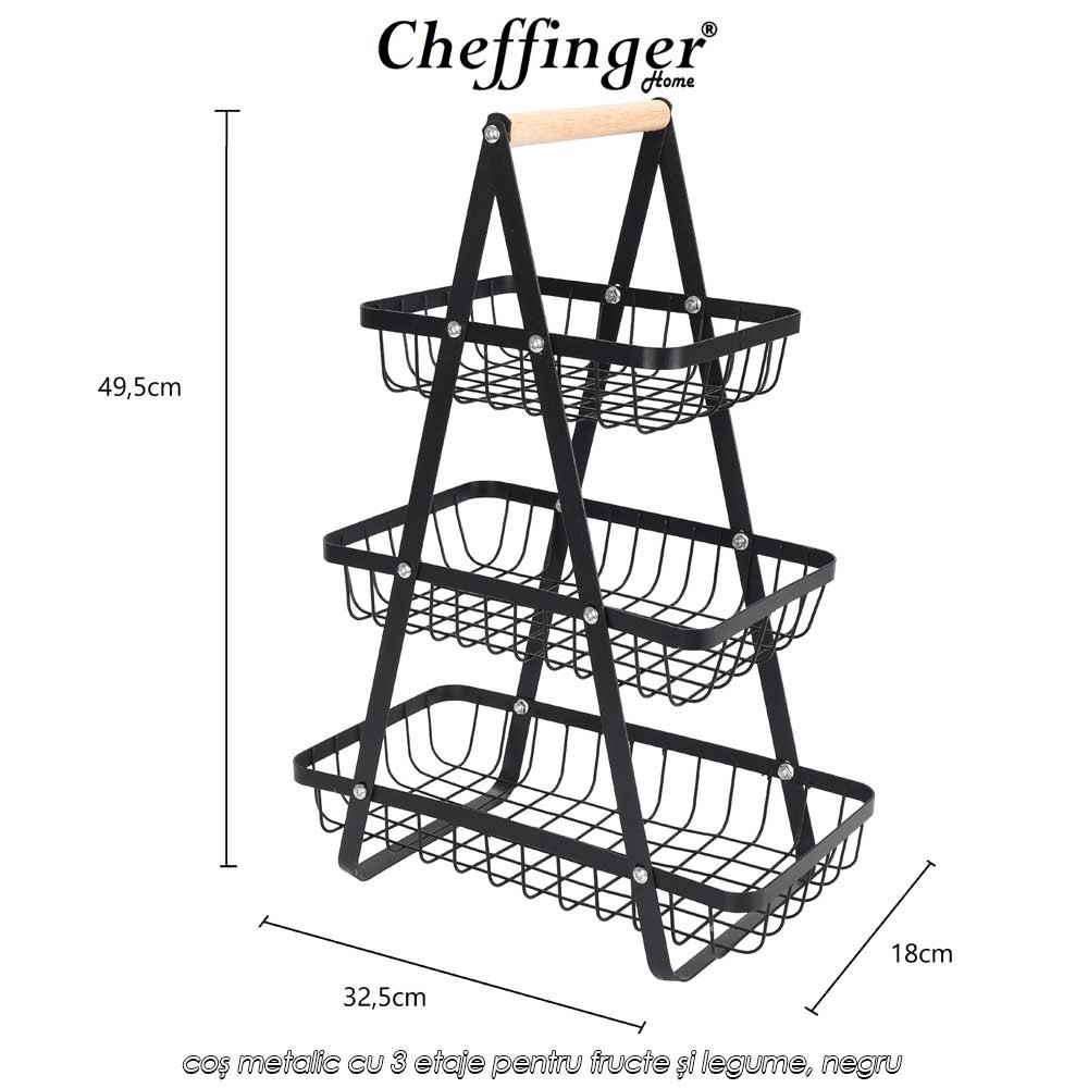 Cheffinger Home 3 layer fruit basket 5034 - coș metalic cu 3 etaje pentru fructe și legume, negru
