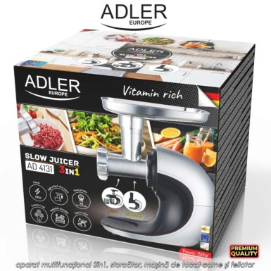 Adler Slow Speed Juicer 3in1 AD4131 - aparat multifuncțional 3în1, storcător, mașină de tocat carne și feliator, 150W