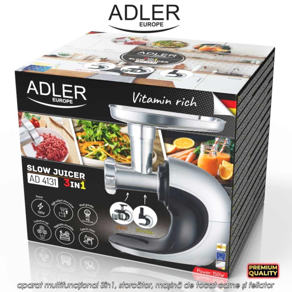 Adler Slow Speed Juicer 3in1 AD4131 - aparat multifuncțional 3în1, storcător, mașină de tocat carne și feliator, 150W