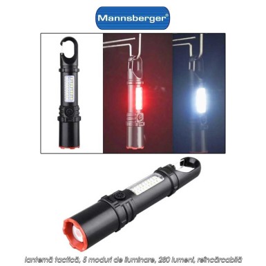Mannsberger Tactic Flashlight - lanternă tactică, 5 moduri de iluminare, 280 lumeni, reîncărcabilă
