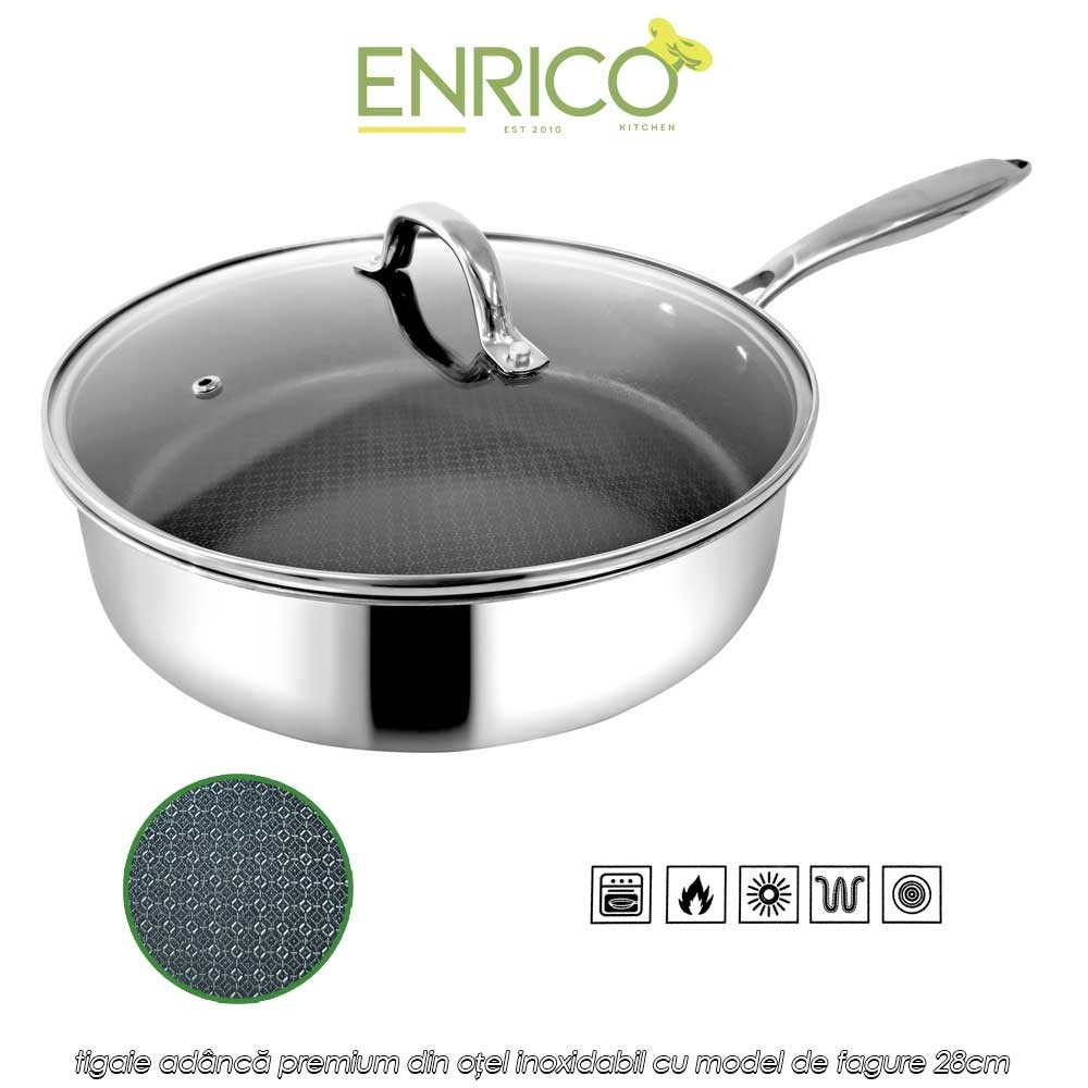 Enrico Gourmet Pan stainless steel - tigaie adâncă premium din oțel inoxidabil cu model de fagure 28cm