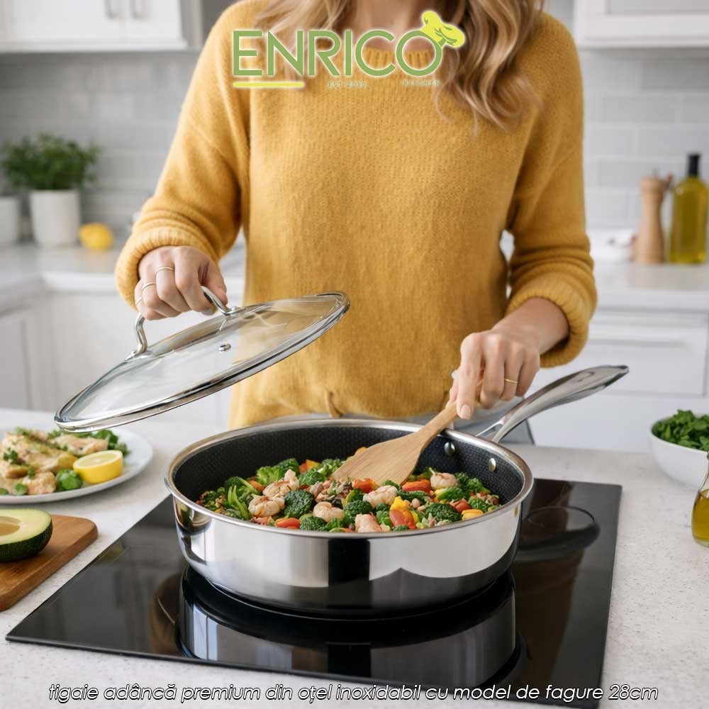Enrico Gourmet Pan stainless steel - tigaie adâncă premium din oțel inoxidabil cu model de fagure 28cm