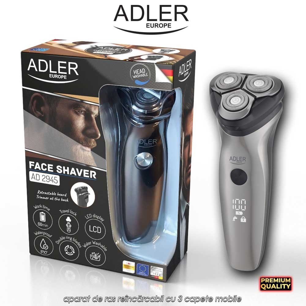 Adler Face Shaver AD2945 - aparat de ras reîncărcabil cu 3 capete mobile