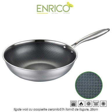 Enrico Wok pan stainless steel - tigaie wok cu acoperire ceramică în formă de fagure, 28cm
