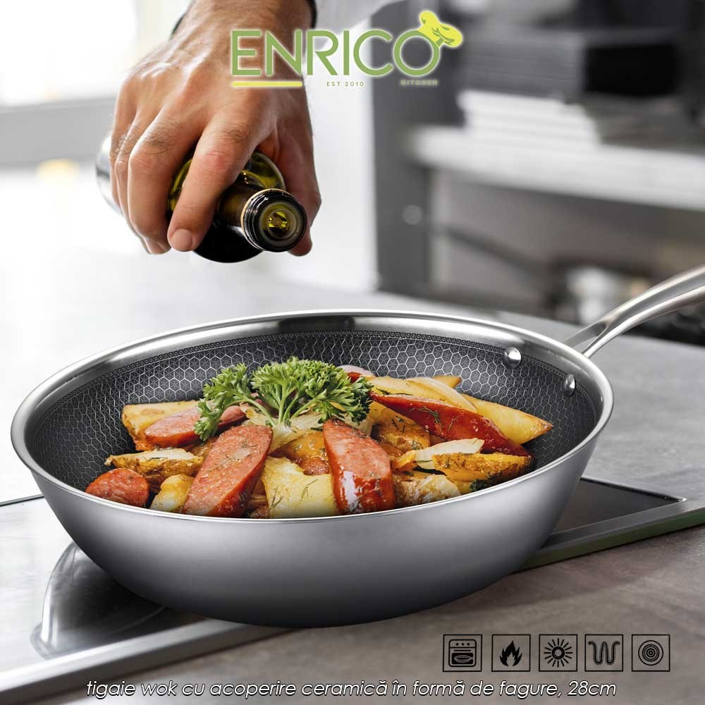 Enrico Wok pan stainless steel - tigaie wok cu acoperire ceramică în formă de fagure, 28cm