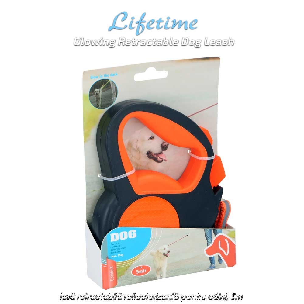 Lifetime Glowing Retractable Dog Leash - lesă retractabilă reflectorizantă pentru câini, 5m