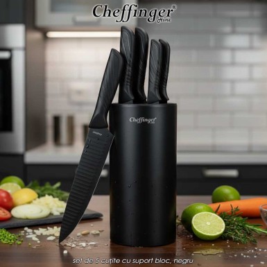 Cheffinger Home KB02 - set de 5 cuțite cu suport bloc, negru