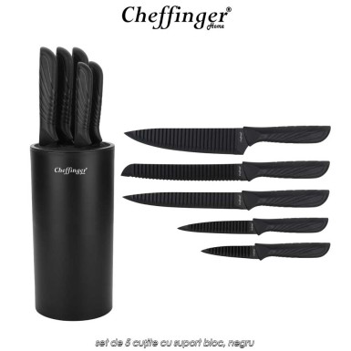 Cheffinger Home KB02 - set de 5 cuțite cu suport bloc, negru