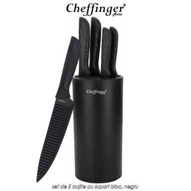 Cheffinger Home KB02 - set de 5 cuțite cu suport bloc, negru