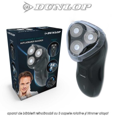 Dunlop Shaver CB3H - aparat de bărbierit reîncărcabil cu 3 capete rotative și trimmer atașat
