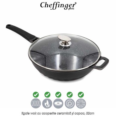 Cheffinger Home DW32 - tigaie wok cu acoperire ceramică și capac, 32cm