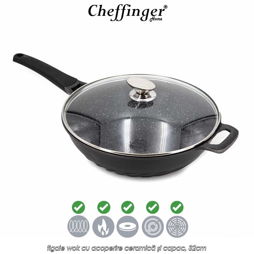 Cheffinger Home DW32 - tigaie wok cu acoperire ceramică și capac, 32cm