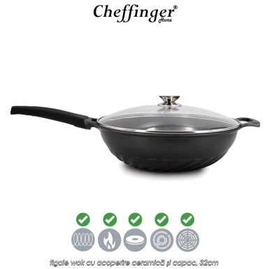 Cheffinger Home DW32 - tigaie wok cu acoperire ceramică și capac, 32cm