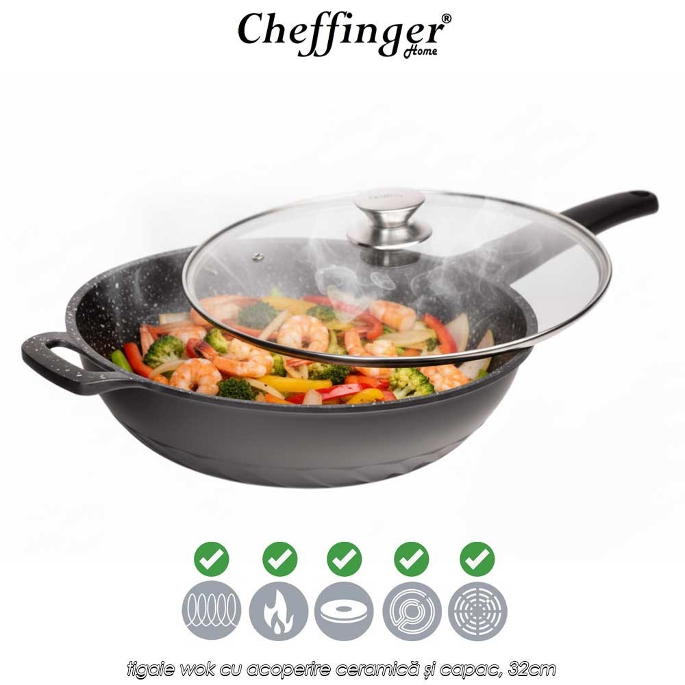 Cheffinger Home DW32 - tigaie wok cu acoperire ceramică și capac, 32cm