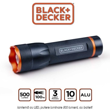 Black+Decker Torch 500 - lanternă cu LED, putere luminare 500 lumeni, cu baterii