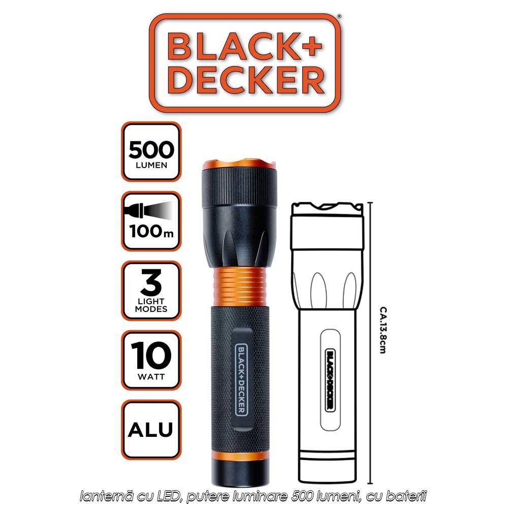 Black+Decker Torch 500 - lanternă cu LED, putere luminare 500 lumeni, cu baterii