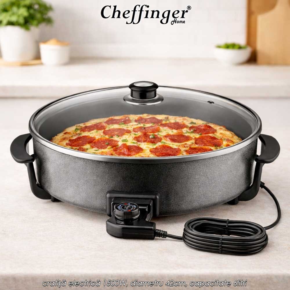 Cheffinger Home Pizza Pan PZP42 - cratiță electrică 1500W, diametru 42cm, capacitate 6litri