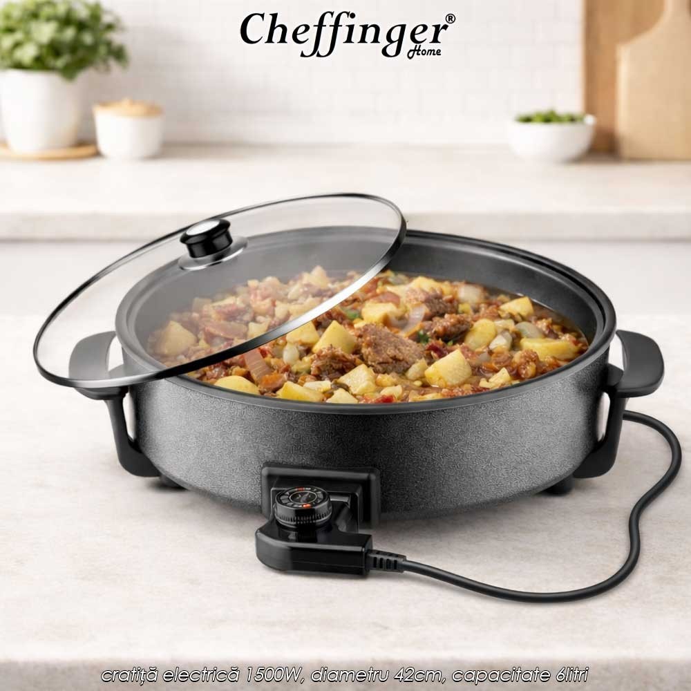 Cheffinger Home Pizza Pan PZP42 - cratiță electrică 1500W, diametru 42cm, capacitate 6litri