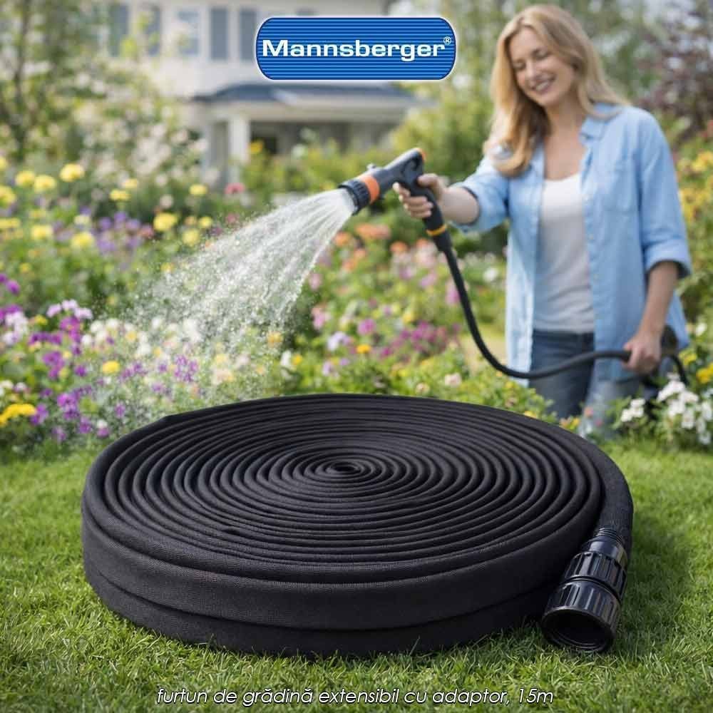 Mannsberger Water Hose 15m - furtun de grădină extensibil cu adaptor, 15m