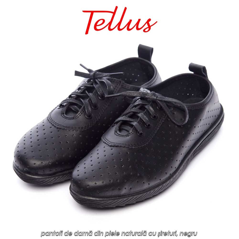 Tellus M7205N - pantofi de damă din piele naturală cu șireturi, negru