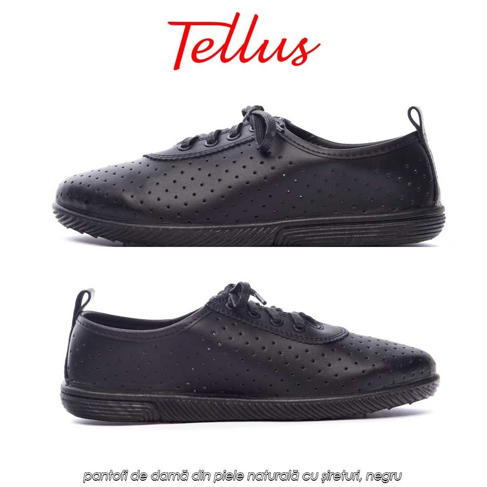 Tellus M7205N - pantofi de damă din piele naturală cu șireturi, negru