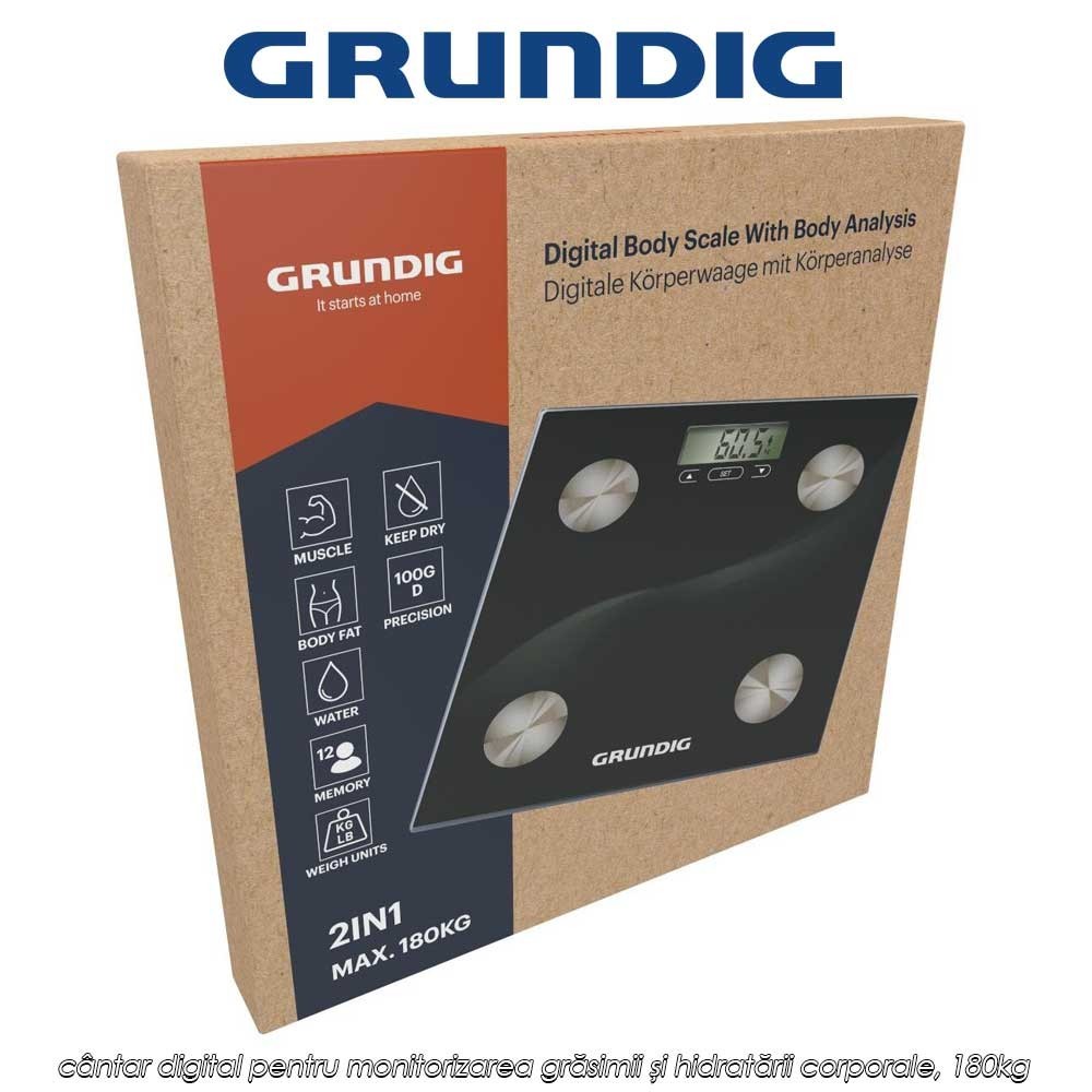 Grundig Body Fat-Hydration Scale - cântar digital pentru monitorizarea grăsimii și hidratării corporale, 180kg