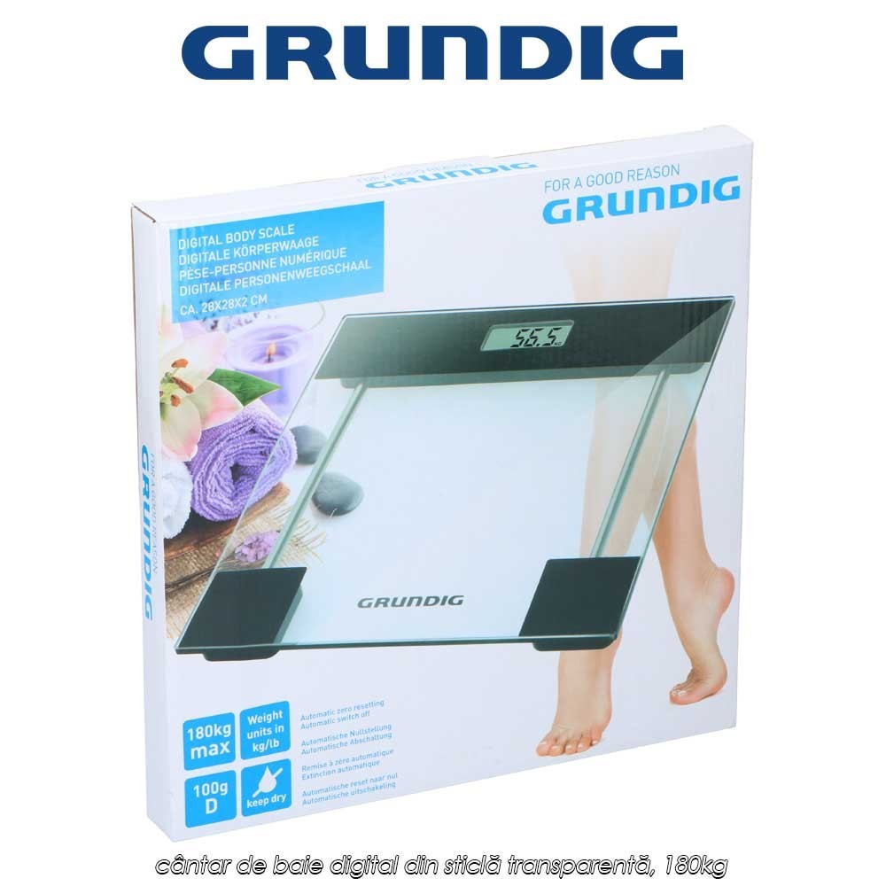 Grundig Body Scale - cântar de baie digital din sticlă transparentă, 180kg