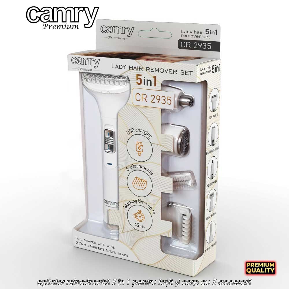 Camry Multifunction Trimmer Set CR2935 – epilator reîncărcabil 5 în 1 pentru față și corp cu 5 accesorii