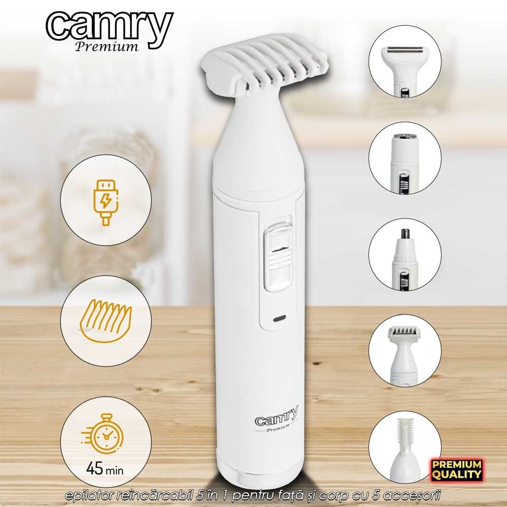 Camry Multifunction Trimmer Set CR2935 – epilator reîncărcabil 5 în 1 pentru față și corp cu 5 accesorii