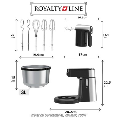 Royalty Line Mixer With Bowl HM19015 - mixer cu bol rotativ 3L, din inox, 700W