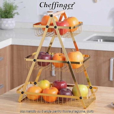 Cheffinger Home 3 layer fruit basket DR07 - coș metalic cu 3 etaje pentru fructe și legume, auriu