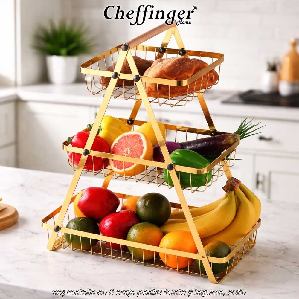 Cheffinger Home 3 layer fruit basket DR07 - coș metalic cu 3 etaje pentru fructe și legume, auriu