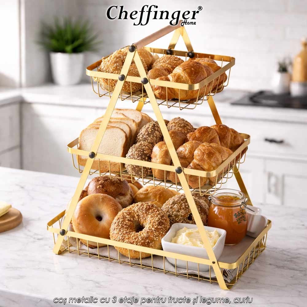 Cheffinger Home 3 layer fruit basket DR07 - coș metalic cu 3 etaje pentru fructe și legume, auriu