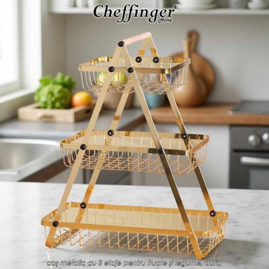 Cheffinger Home 3 layer fruit basket DR07 - coș metalic cu 3 etaje pentru fructe și legume, auriu
