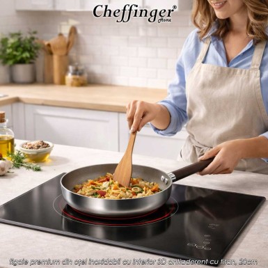 Cheffinger Home PFW20 – tigaie premium din oțel inoxidabil cu interior 3D antiaderent cu titan, 20cm
