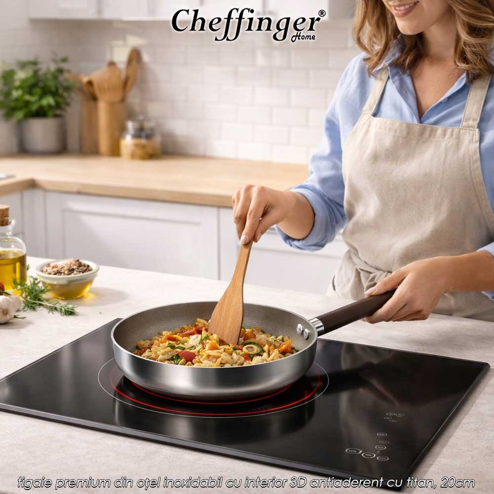 Cheffinger Home PFW20 – tigaie premium din oțel inoxidabil cu interior 3D antiaderent cu titan, 20cm