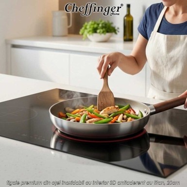 Cheffinger Home PFW20 – tigaie premium din oțel inoxidabil cu interior 3D antiaderent cu titan, 20cm