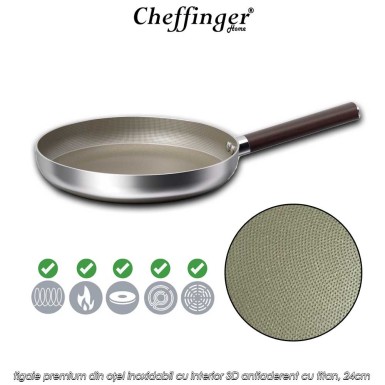 Cheffinger Home PFW24 – tigaie premium din oțel inoxidabil cu interior 3D antiaderent cu titan, 24cm