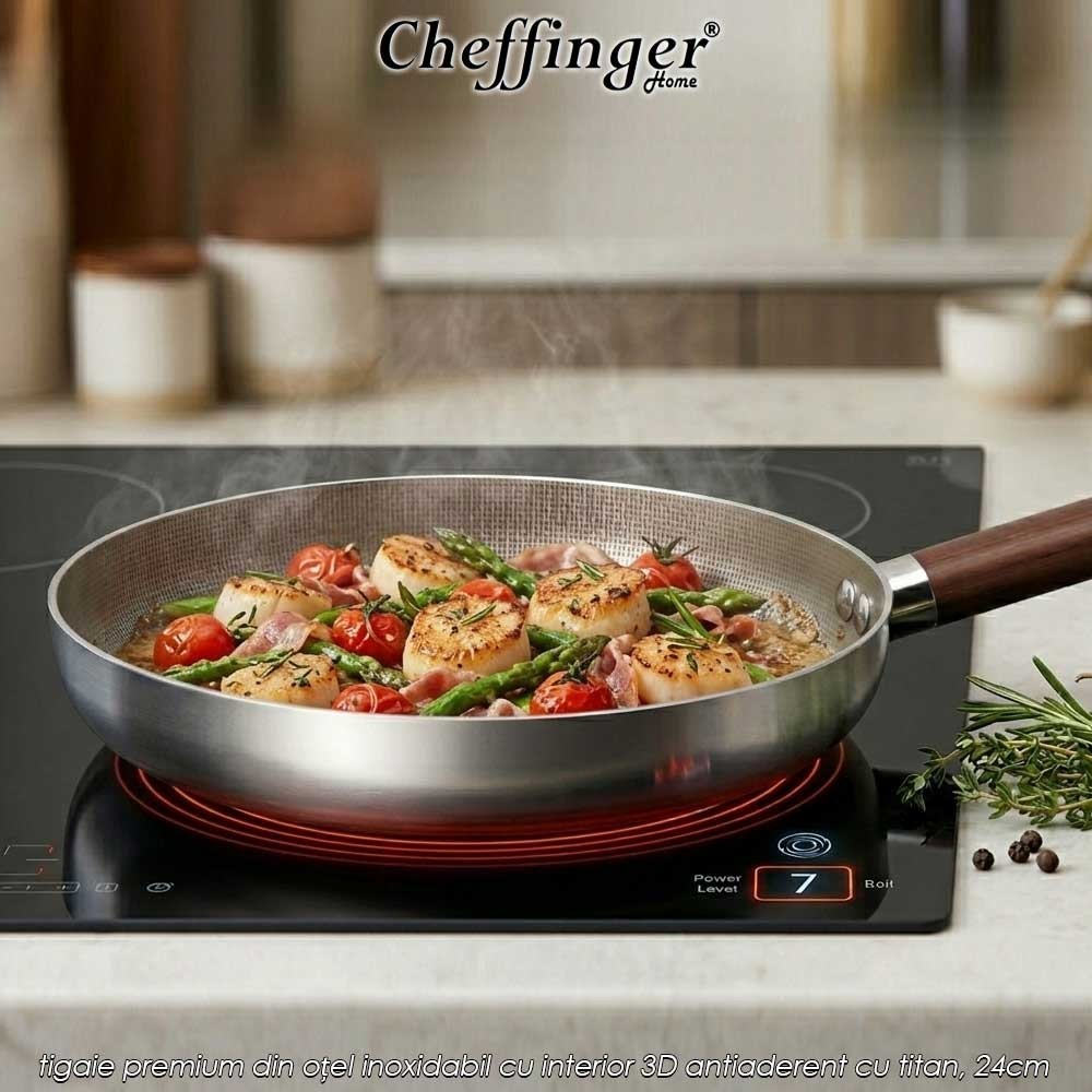 Cheffinger Home PFW24 – tigaie premium din oțel inoxidabil cu interior 3D antiaderent cu titan, 24cm