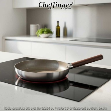 Cheffinger Home PFW24 – tigaie premium din oțel inoxidabil cu interior 3D antiaderent cu titan, 24cm