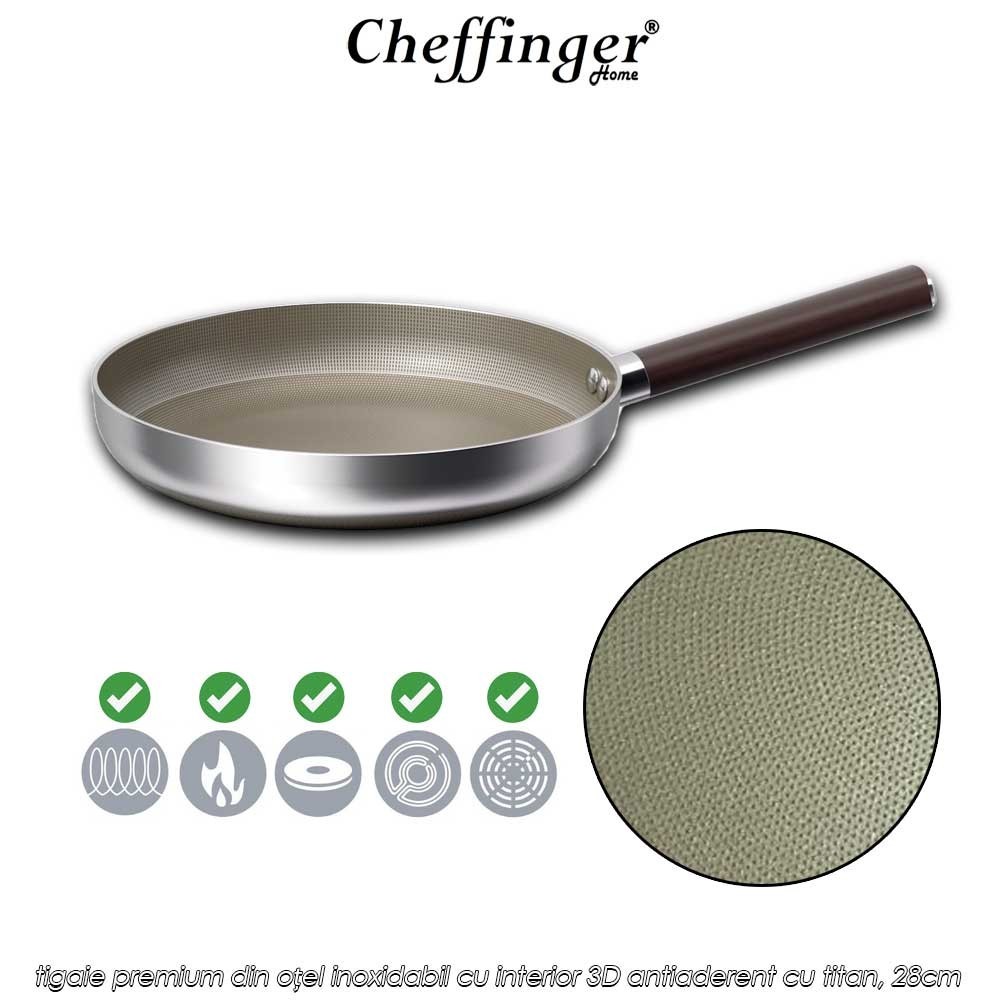 Cheffinger Home PFW28 – tigaie premium din oțel inoxidabil cu interior 3D antiaderent cu titan, 28cm