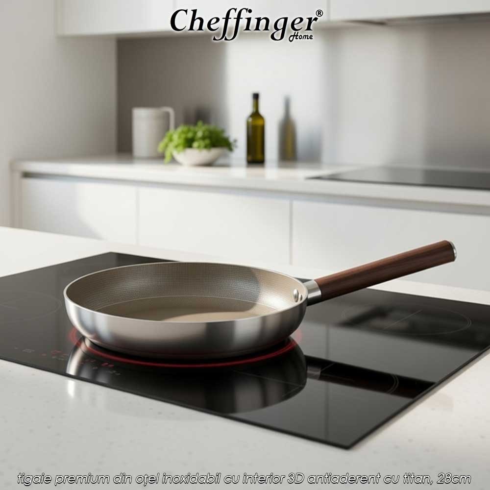 Cheffinger Home PFW28 – tigaie premium din oțel inoxidabil cu interior 3D antiaderent cu titan, 28cm