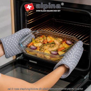 Alpina Oven Glass Square Dish Set – set 3 vase dreptunghiulare din sticlă termorezistentă pentru cuptor