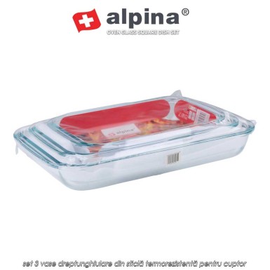 Alpina Oven Glass Square Dish Set – set 3 vase dreptunghiulare din sticlă termorezistentă pentru cuptor