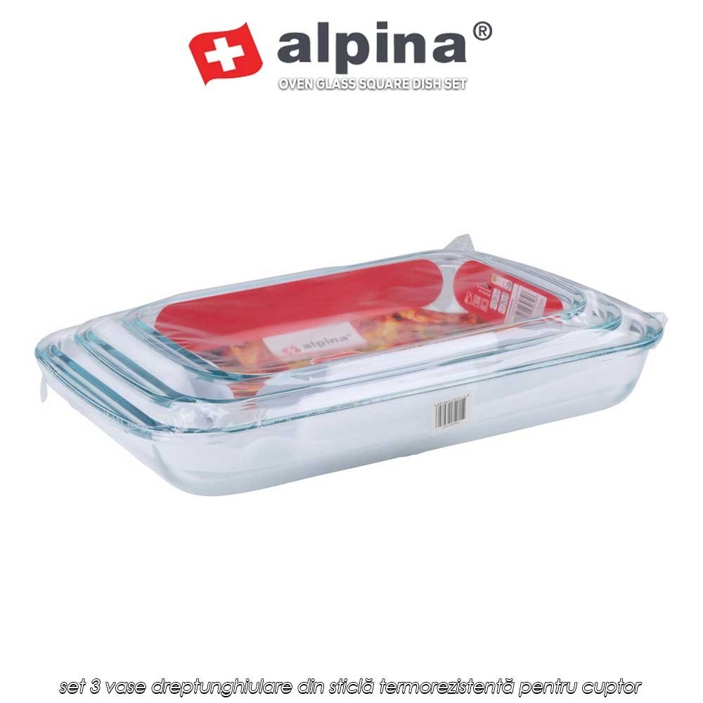 Alpina Oven Glass Square Dish Set – set 3 vase dreptunghiulare din sticlă termorezistentă pentru cuptor